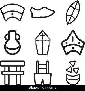 Set di 9 semplici icone modificabili quali nachos, pantaloni, Torii gate, cappuccio, Papa, VASE, Surf, intasare, egiziano, può essere usato per il mobile, web Illustrazione Vettoriale