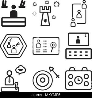 Set di 9 semplici icone modificabile come Calendario, Target, altoparlante, video conferenza, risorse umane, il lavoro di squadra, strategia, Store può essere utilizzato per il mobile Illustrazione Vettoriale