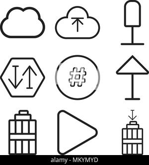Set di 9 semplici icone modificabile come immondizia, il pulsante Play, freccia su, Hashtag, Ordina, microfono, caricare, Computing, può essere usato per il mobile, web Illustrazione Vettoriale
