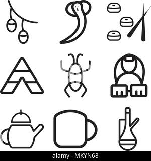 Set di 9 semplici icone modificabile come tè, Sake, egiziano, scarabeo, tende Tepee, Sushi, Snake, olive, può essere usato per il mobile, web Illustrazione Vettoriale