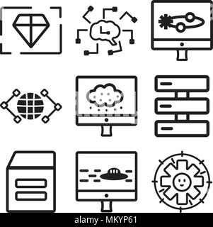 Set di 9 semplici icone modificabile come supporto tecnico, Blog, magazzino, Database, Laptop, globale, intelligenza artificiale, il valore può essere utilizzato per m Illustrazione Vettoriale