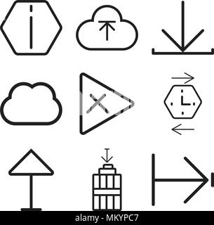 Set di 9 semplici icone modificabile come freccia destra, spazzatura, Fino storia, Croce, computing, scaricare, caricare, Info, può essere usato per il mobile, web Illustrazione Vettoriale
