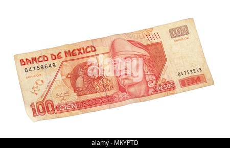 Un centinaio di pesos messicani banconota isolati su sfondo bianco. Foto Stock