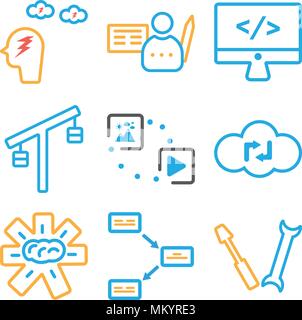Set di 9 semplici icone modificabili quali impostazioni, file, cervello, Cloud Computing Multimedia opzione, equilibrio, Monitor, Contratto Brainstorming, può essere us Illustrazione Vettoriale