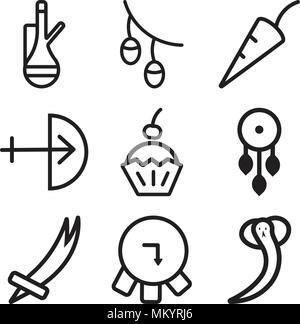 Set di 9 semplici icone modificabili come il serpente, canna, spada, Dreamcatcher, a torta, a prua, peperoncino, olive, tè, può essere usato per il mobile, web Illustrazione Vettoriale
