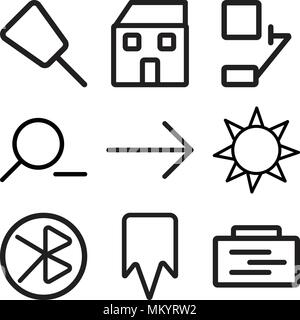 Set di 9 semplici icone modificabili quali Padnote, segnalibro, dente, Sun, freccia destra, Zoom out, Bell, Home, spingere il pin, può essere usato per il mobile, web Illustrazione Vettoriale