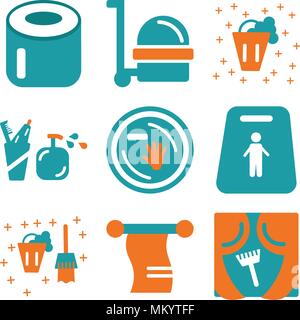Set di 9 semplici icone modificabile come finestra, asciugamano, benna scivolose, piatto, spazzolino da denti, detergente, carta igienica, può essere usato per il mobile, web Illustrazione Vettoriale