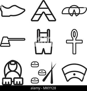 Set di 9 semplici icone modificabile come egiziano, Sushi, Ankh, pantaloni, caffè, biscotti della fortuna, tende Tepee, intasare, può essere usato per il mobile, web Illustrazione Vettoriale