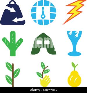 Set di 9 semplici icone modificabile come Big Pera, germogliano a portata di mano, il Germoglio, vetri rotti, tenda, cactus, fulmini, temperatura globale, Shopping ecologico Illustrazione Vettoriale