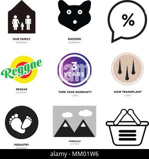 Set di 9 semplici icone modificabile come borsa, Pinnacle, podologia, trapianto di capelli, garanzia di tre anni, reggae, percento in bolla, procioni capo, il nostro f Illustrazione Vettoriale