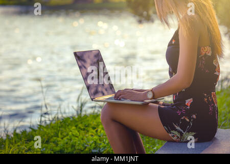 Donne attraenti utilizzando laptop nel parco con il lago in background in giorno , Foto Stock