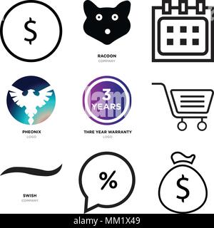 Set di 9 semplici icone modificabile come casella di denaro, percento in bolla, nero alla moda, shopping, garanzia di tre anni, Pheonix, Calendario, procioni testa, US Illustrazione Vettoriale