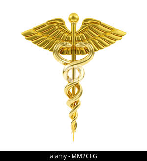 Golden caduceo simbolo medico, rendering 3D Foto Stock