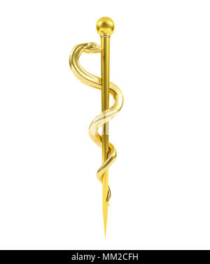 Golden Staff di Esculapio simbolo medico, rendering 3D Foto Stock