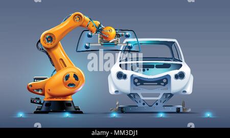Il braccio di robot lavorare sulla fabbrica di automobili o linea di produzione. Mano robotica attribuisce il parabrezza o il vetro sulla carrozzeria di auto. Automazione industriale produzione automobil Illustrazione Vettoriale