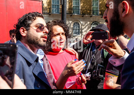 Ali Dawah un prominente altoparlante musulmano discutendo con ex musulmani Raheem Kassam e Shazia Hobbs ad una libertà di parola rally, London, Regno Unito Foto Stock