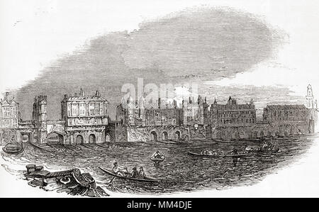 London Bridge, Londra, Inghilterra, appena prima le case furono demoliti nel 1760. Da Vecchia Inghilterra: un museo pittorico, pubblicato nel 1847. Foto Stock