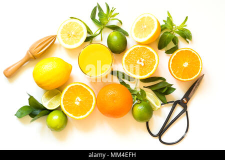 Set di agrumi su sfondo bianco, piatto laici. Vista dall'alto su arance, limoni, lime e foglie di menta. Fare detox freshes concetto e ricetta mockup. Vista dall'alto. T Foto Stock