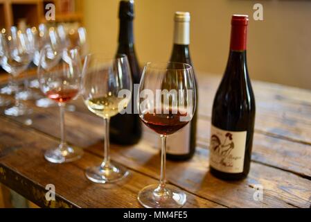 Vini pregiati sul display alla degustazione, bianco, rosa e vino rosso con bottiglie, La Bergerie mercato artigianale, Texas Hill Country, Fredericksburg, Texas, Stati Uniti d'America Foto Stock