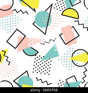 Abstract seamless pattern con macchie e punti. Geometrica sfondo tratteggiato. Ornamentali sfondo bianco negli anni ottanta stile. Illustrazione Vettoriale
