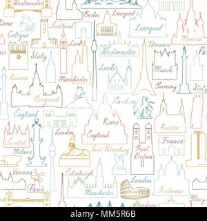 Travel world landmarks seamless pattern. Viaggio icona vista Sfondo piastrelle Illustrazione Vettoriale