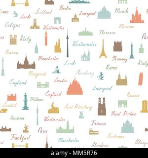 Travel world landmarks seamless pattern. Viaggio icona vista Sfondo piastrelle Illustrazione Vettoriale