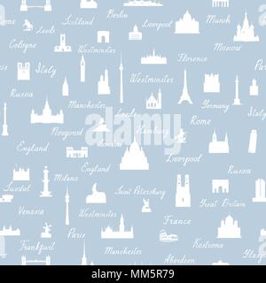 Travel world landmarks seamless pattern. Viaggio icona vista Sfondo piastrelle Illustrazione Vettoriale