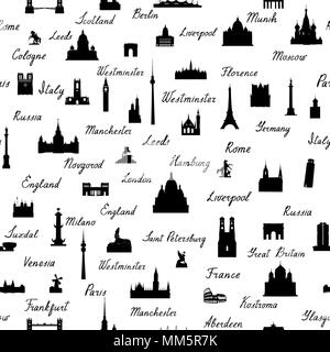 Travel world landmarks seamless pattern. Viaggio icona vista Sfondo piastrelle Illustrazione Vettoriale