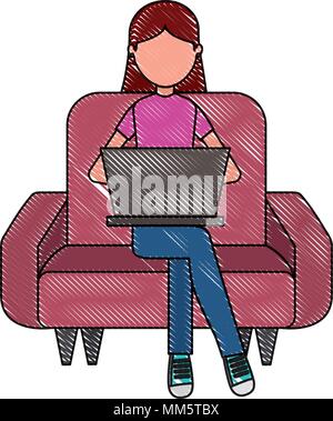 Donna seduta e lo studio sul divano con il computer portatile illustrazione vettoriale Illustrazione Vettoriale