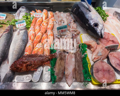 La varietà di frutti di mare per la vendita nel mercato del pesce Foto Stock