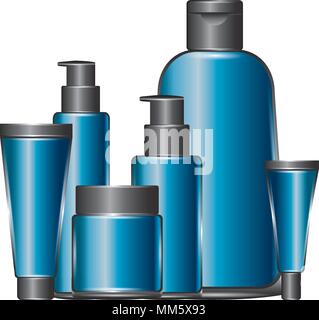 Set di pacchetti cosmetici modello di contenitori in plastica tubi flaconi illustrazione vettoriale Illustrazione Vettoriale