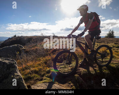 Mountain Biker ciclismo su single trail su Ringelbuhlkopf, Alsazia, Francia Foto Stock