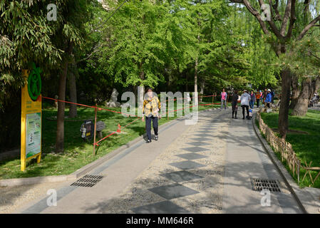 I visitatori a piedi lungo un sentiero nel Parco Tuanjiehu, Pechino, Cina Foto Stock