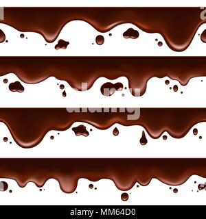 Il gocciolamento cioccolato fuso. Il vettore orizzontale di perfetta fusione fondente di cioccolato amaro isolati su sfondo bianco Illustrazione Vettoriale