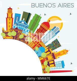 Buenos Aires Skyline con punti di riferimento di colore, il blu del cielo e spazio di copia. Illustrazione Vettoriale. Illustrazione Vettoriale