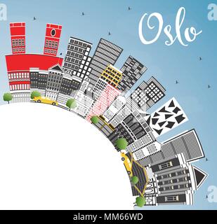 Oslo Norvegia skyline della città con edifici grigi, Blu Cielo e spazio di copia. Illustrazione Vettoriale. Illustrazione Vettoriale