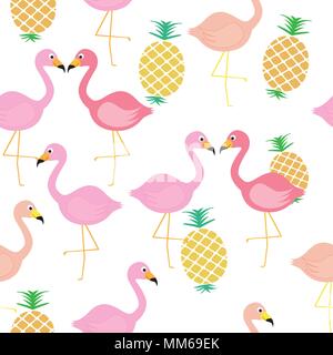 Flamingo bird con ananas frutta tropicali seamless pattern sfondo. Illustrazione Vettoriale