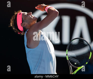 Lo spagnolo giocatore di tennis Rafael Nadal reagisce emotivo presso l'Australian Open 2018 Torneo di Tennis, Melbourne Park, Melbourne, Victoria, Australia. Foto Stock