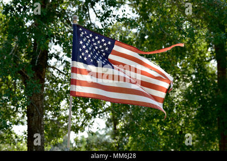 Una tempesta danneggiato Star Lamas Banner vola alto sopra i detriti nella cittadina di Lumberton, Texas sul Sett. 11 all indomani della devastante uragano Harvey. I soldati assegnati alla Task Force Aleutian danni del team di valutazione, un componente della Task Force Arkansas, uscì nel recente comunità inondate di Lumberton, per segnalare i danni stimati per ogni casa singola, nel loro ambito di operazioni per la loro superiore comando. Questa foto serve solo come una piccola istantanea della devastazione globale per le aree colpite dall'uragano Harvey. (U.S. Esercito nazionale Guard foto di Spc. Steph Foto Stock