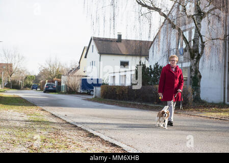 Vecchia donna passeggiate con il cane sulla strada Foto Stock