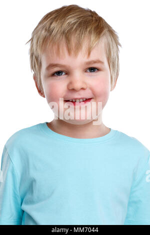 Bambino kid boy ritratto volto sorridente isolato su uno sfondo bianco Foto Stock