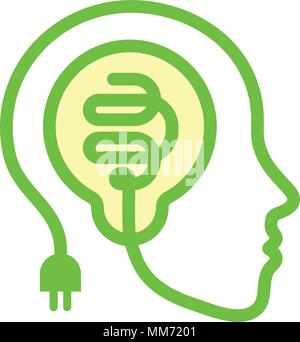 Face silhouette, contorno da stilizzata filo elettrico con un bulbo di luce all'interno della testa. Idea icona, cervello creativo simbolo, brainstorming icona outline, concetto aziendale logo verde, illustrazione vettoriale. Illustrazione Vettoriale