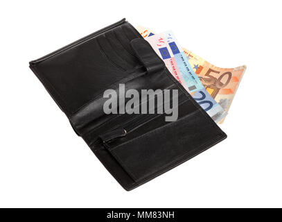 Le banconote in euro in un portafoglio nero isolato su sfondo bianco. Foto Stock
