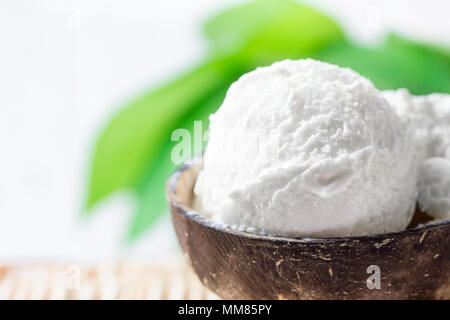 Deliziosi piatti Vegan Coconut Gelati in vaschetta sul tavolo di vimini. Verde foglie di palme piante tropicali sfondo. Impianto basato dieta sana Superfoods Dessert. Foto Stock