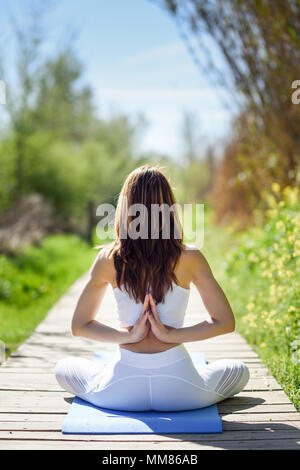 Giovane donna fare yoga in natura. Femmina bianca da indossare indumenti sportivi in lotus figura. Foto Stock