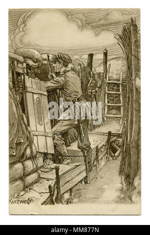 Vecchia cartolina tedesco: bianco e nero disegno a matita, un soldato in trincea con un fucile, una pala sapper, guardando il nemico. la guerra mondiale I 1914-1918 Foto Stock