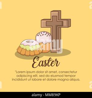 Infografico della pasqua design con croce religiosa e icona tortine su sfondo giallo, design colorato. illustrazione vettoriale Illustrazione Vettoriale