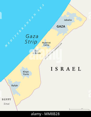 Striscia di Gaza mappa politico. Auto che disciplinano il territorio palestinese sulla costa del Mar Mediterraneo che i confini di Israele ed Egitto. Foto Stock