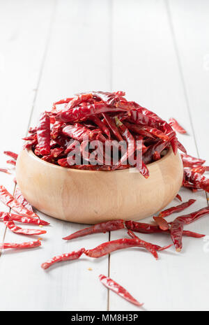 Peperoncino essiccato in ciotola di legno e legno bianco sfondo, ingrediente concetto alimentare Foto Stock