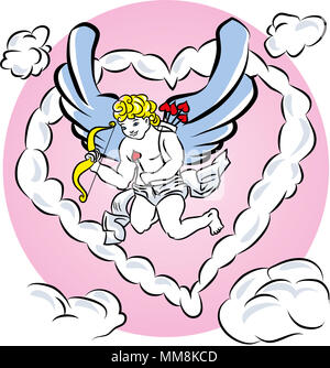 Cupido tra le nuvole a forma di cuore. illustrazione di un il giorno di san valentino cupido pronto. Foto Stock
